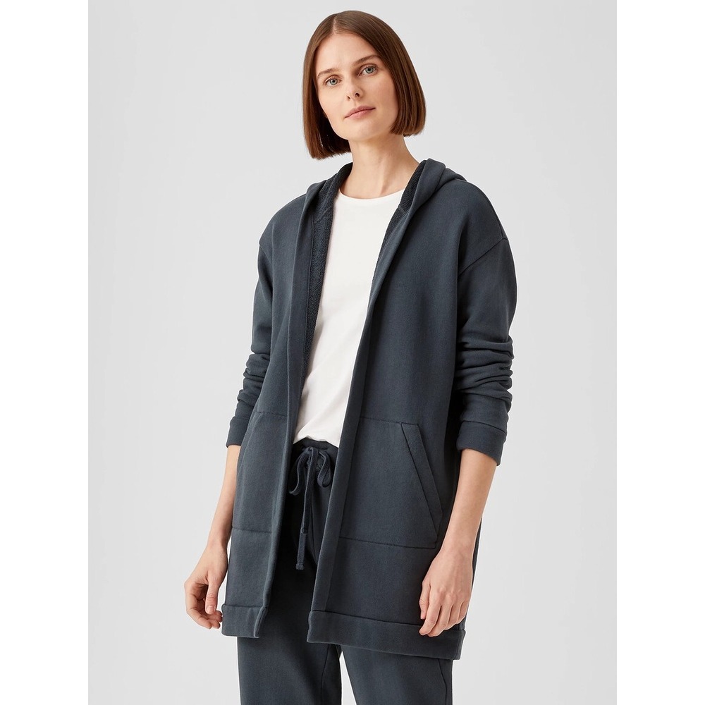 Eileen Fisher Organic Cotton French Terry Hooded Jacket Women L Gray Quiet Luxe